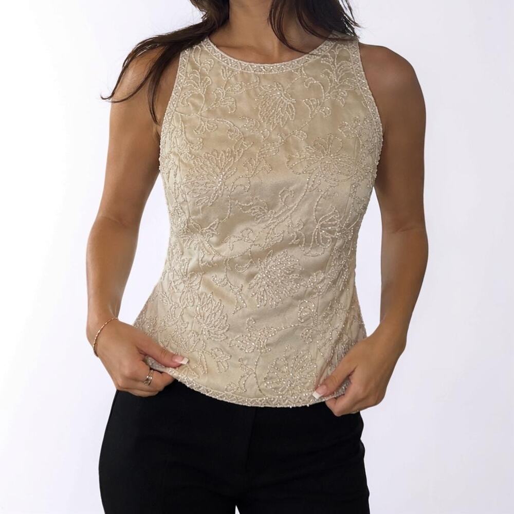 Vintage Oleg Cassini Black Tie Beaded Satin Sleeveless Top Size 6